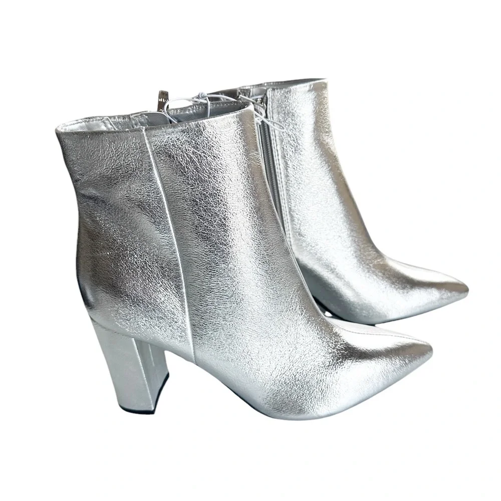 NEW MARC FISHER SILVER Metallic POINTED TOE BLOCK HEEL BOOT ZIPPER - Picture 5 of 7